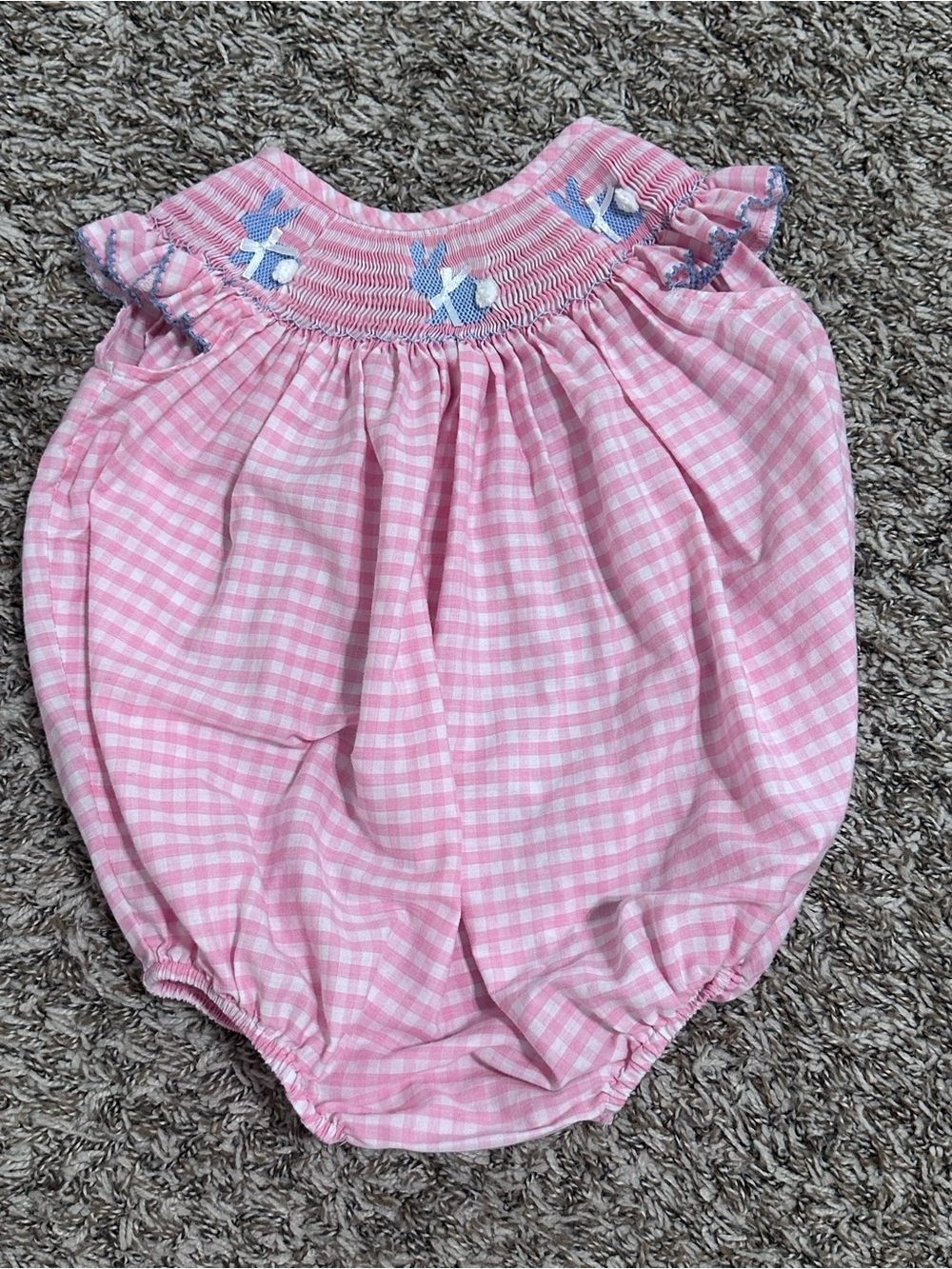 Southern Sunshine Pink Gingham  Smocked Baby Bubble Romper with Blue Embroidery